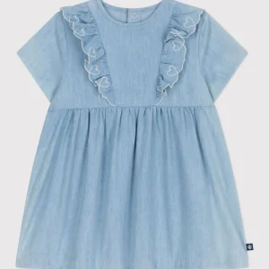 ABITO A MANICHE CORTE IN CHAMBRAY DI COTONE CON CUORI RICAMATI PETIT BATEAU